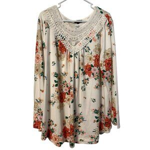 a.Jesdani Lace Pleated Blouse Tunic Top Beige with Flowers Plus Size 3X EUC